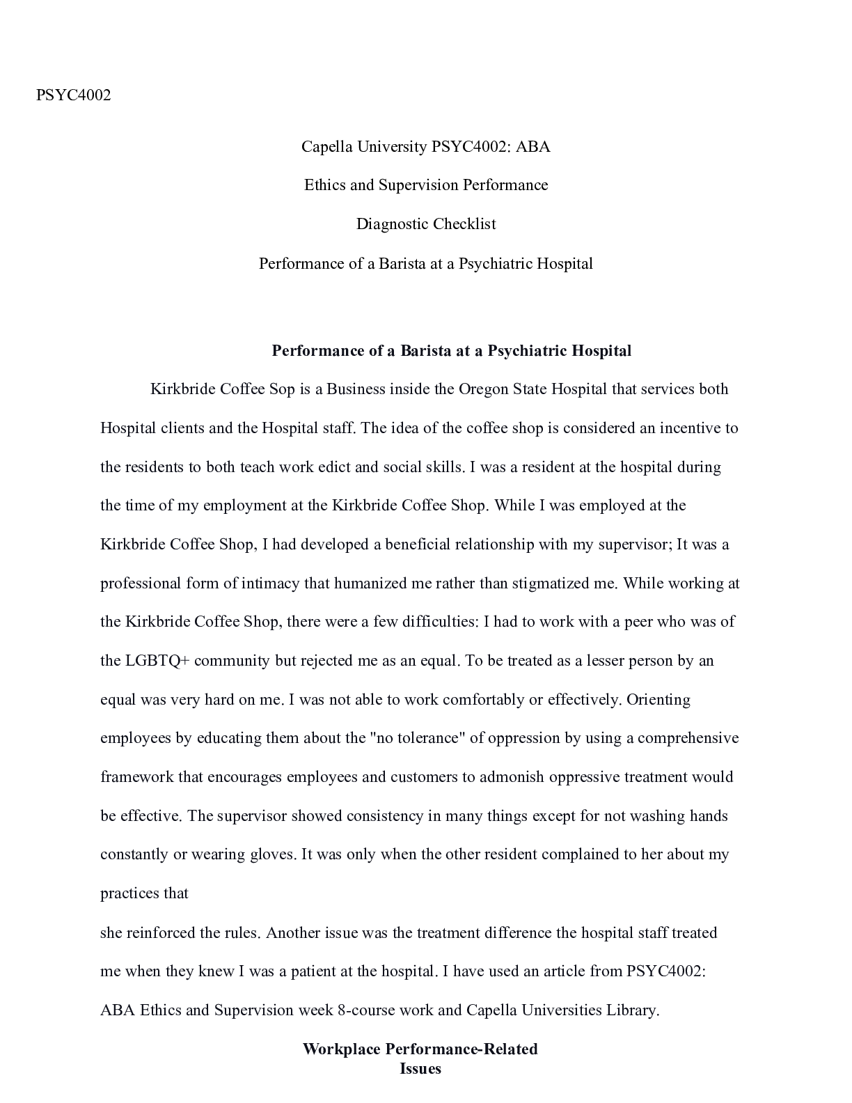 Preview of Perfomance of a Barista at a Psychiatric Hospital  1 .docx  PSYC4002  Capella University P